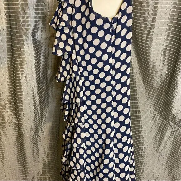 ADRIANNA PAPELL Womens Sleeveless Polka Dot Ruffle Front Dress Navy & Beige SZ 4 - Picture 4 of 6